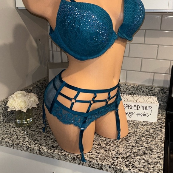 Victoria's Secret very sexy rhinestoneTeal Lace push-up Bra and Garter 38D M/L - Picture 15 of 16